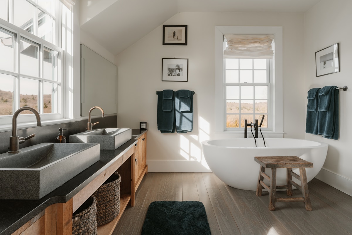 muted earth tones next to softer pastel washroom palettes side by side